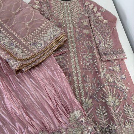 3 pcs organza suit soraya inspired with crushed silk plazzo pre order ( delivery time 3-4 weeks)